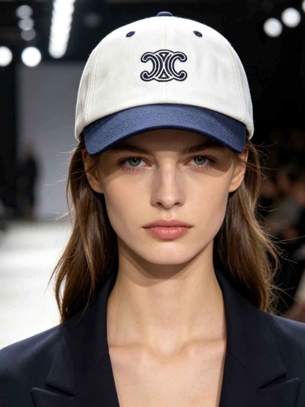 Celine. White and Navy Blue Embroidered Triomphe Hat Cap